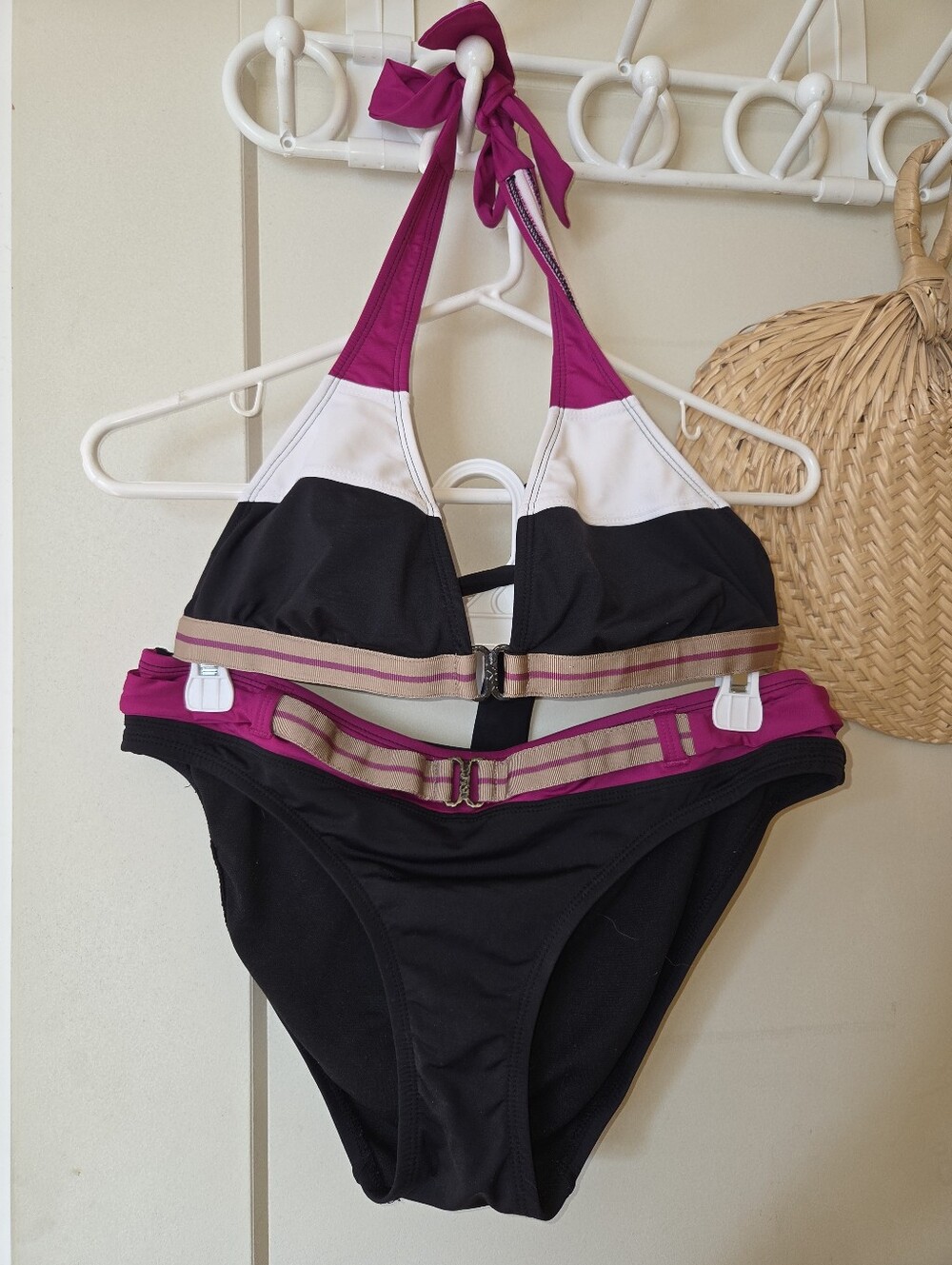 Jag Jeans Black, White & Magenta Halter Bikini with Tan Striped Band